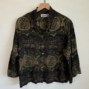 VTG Chico's Women's XL Button Down Blouse Rayon Paisley Green Black Gothic Y2K